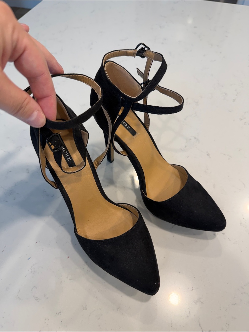 Forever 21 Black Pointed-Toe Double Ankle-Strap Heels